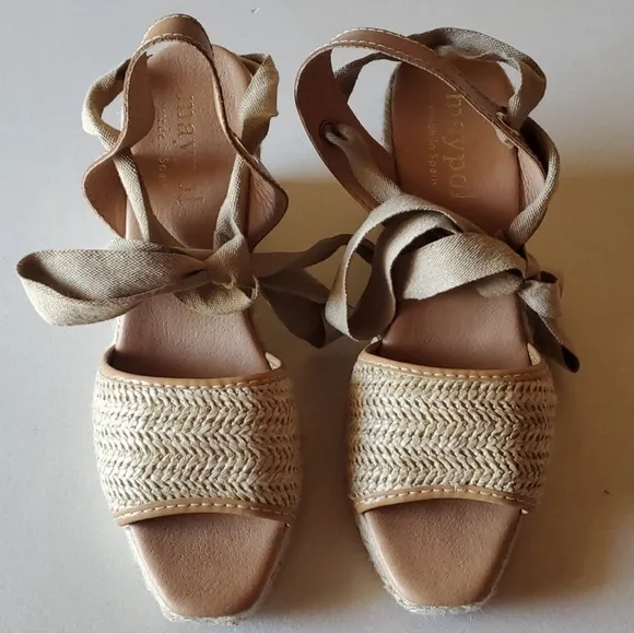 Maypol Shoe Size 40 Tan Raffia Leather Open Toe Wedge Wrap Ankle Strap Shoes