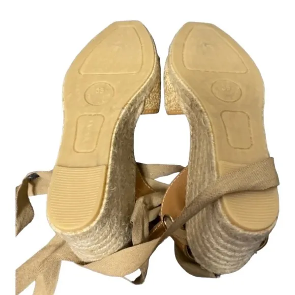 Maypol Shoe Size 40 Tan Raffia Leather Open Toe Wedge Wrap Ankle Strap Shoes
