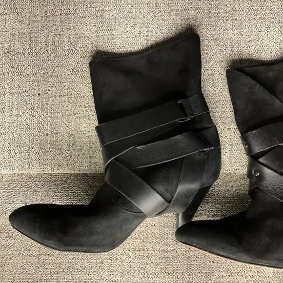 Mea Shadow Leather Harness Strap Cassandra Suede Heeled Boots 8.5