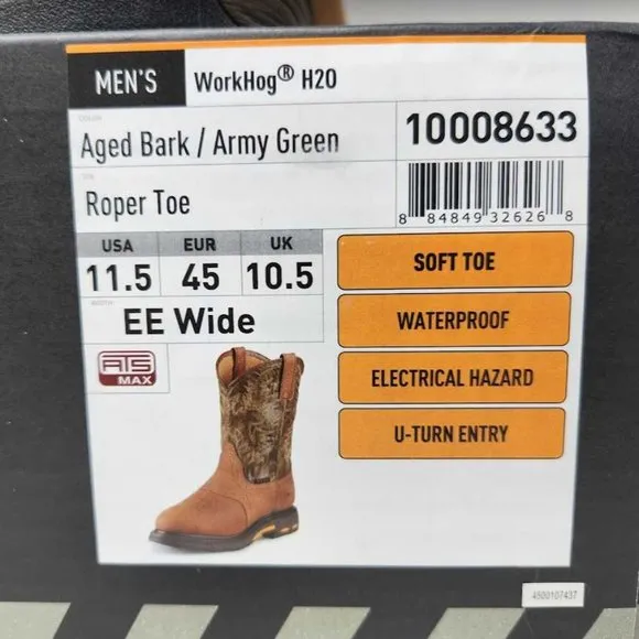 Men's 11.5 EE Wide Ariat WorkHog H20 roper soft toe work western boots 10008633