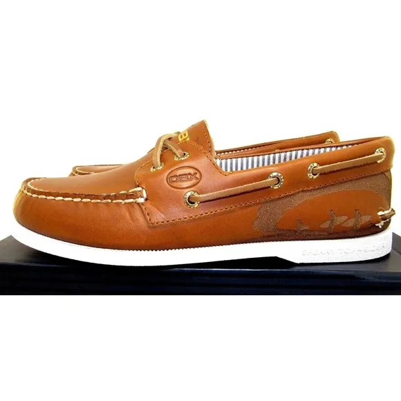 Mens Sperry 2-Eye Cross Lace Outer Banks Tan Brown Leather Slip On Boat Shoe NEW