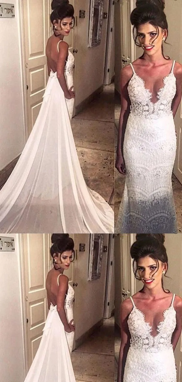 Mermaid Spaghetti Open Back Lace Wedding Dresses.Cheap Wedding Dresses, WDY0283