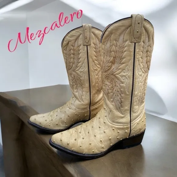 Mezcalero-Boots women’s 7.5/mens 6 ostrich leather midcalf. Western stitch. GUC!