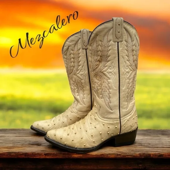 Mezcalero-Boots women’s 7.5/mens 6 ostrich leather midcalf. Western stitch. GUC!