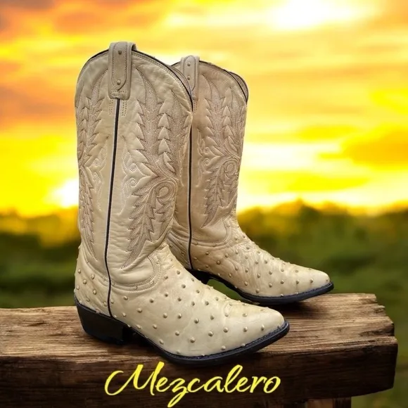 Mezcalero-Boots women’s 7.5/mens 6 ostrich leather midcalf. Western stitch. GUC!