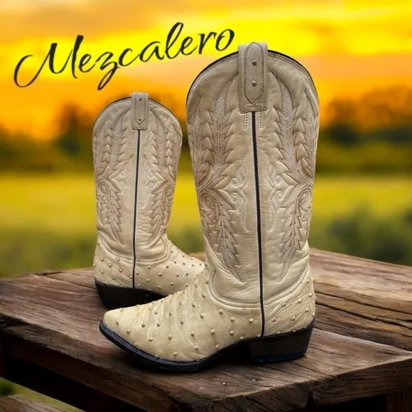 Mezcalero-Boots women’s 7.5/mens 6 ostrich leather midcalf. Western stitch. GUC!