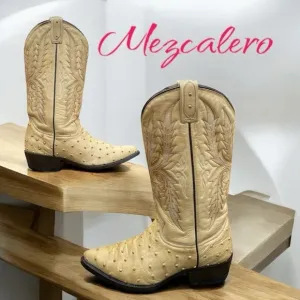 Mezcalero-Boots women’s 7.5/mens 6 ostrich leather midcalf. Western stitch. GUC!