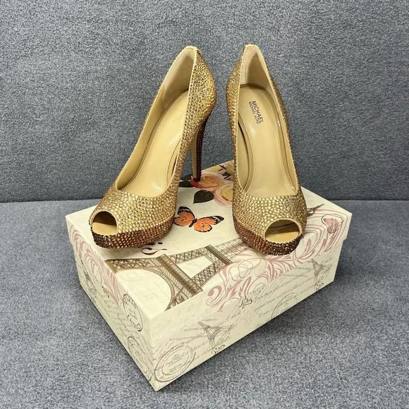 Michael Kors High Heels Shoes 8M Platform Nude Pumps Open Toe handmade ringstone