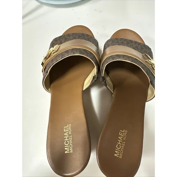 Michael Kors Jilly MK print platform kork slide shoes brown Worn Once sz 7