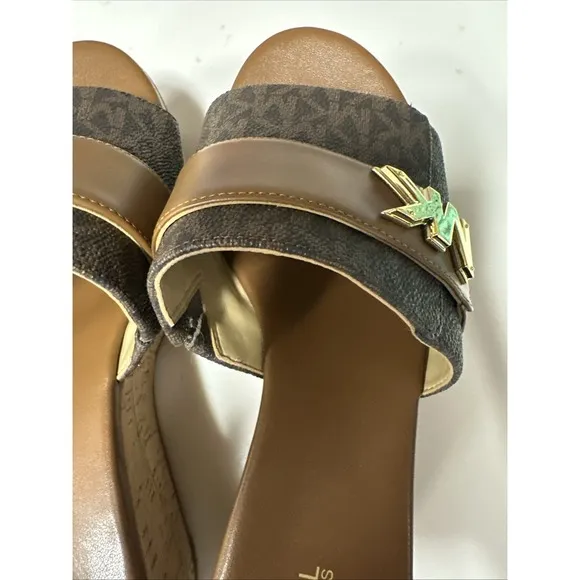 Michael Kors Jilly MK print platform kork slide shoes brown Worn Once sz 7