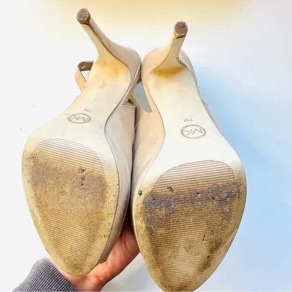 MICHAEL KORS Nude Beige Tan Leather Peep Toe Slingback 5” Heel Pumps Shoes 7