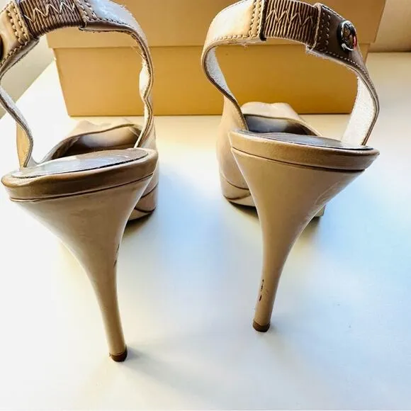 MICHAEL KORS Nude Beige Tan Leather Peep Toe Slingback 5” Heel Pumps Shoes 7