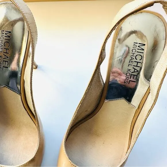 MICHAEL KORS Nude Beige Tan Leather Peep Toe Slingback 5” Heel Pumps Shoes 7