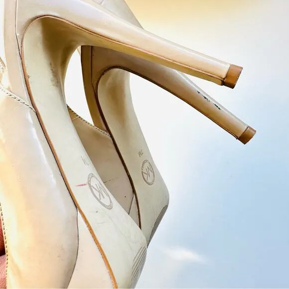 MICHAEL KORS Nude Beige Tan Leather Peep Toe Slingback 5” Heel Pumps Shoes 7