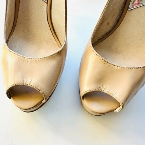 MICHAEL KORS Nude Beige Tan Leather Peep Toe Slingback 5” Heel Pumps Shoes 7