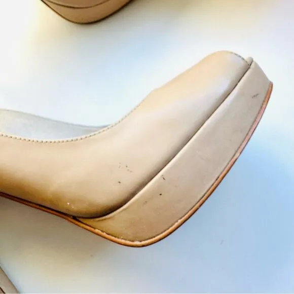 MICHAEL KORS Nude Beige Tan Leather Peep Toe Slingback 5” Heel Pumps Shoes 7