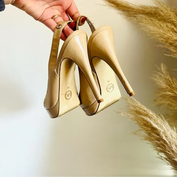 MICHAEL KORS Nude Beige Tan Leather Peep Toe Slingback 5” Heel Pumps Shoes 7