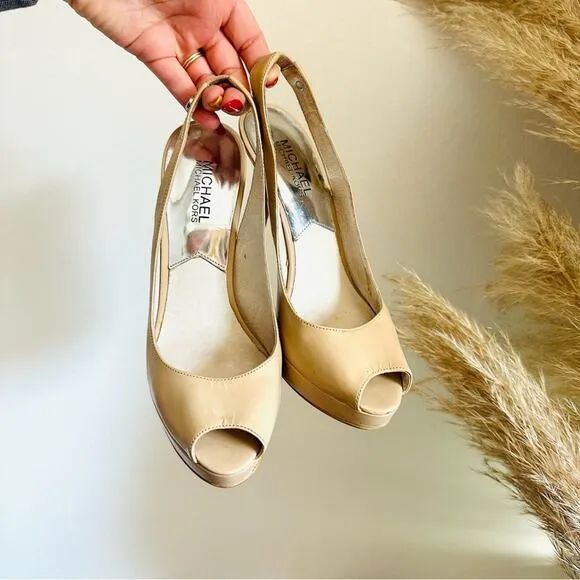 MICHAEL KORS Nude Beige Tan Leather Peep Toe Slingback 5” Heel Pumps Shoes 7