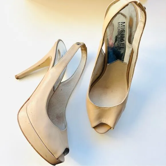 MICHAEL KORS Nude Beige Tan Leather Peep Toe Slingback 5” Heel Pumps Shoes 7