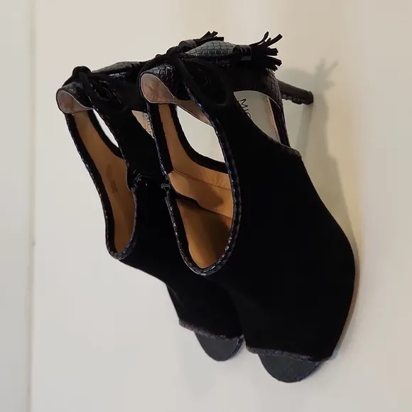 Michael Kors Open Toe Leather &amp; Suede Boot Heels Shoes SZ 8M EU 38.5M EUC NICE!