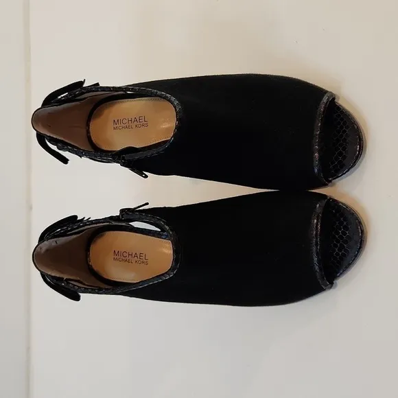 Michael Kors Open Toe Leather &amp; Suede Boot Heels Shoes SZ 8M EU 38.5M EUC NICE!