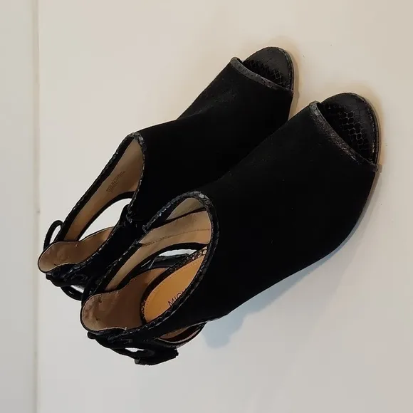 Michael Kors Open Toe Leather &amp; Suede Boot Heels Shoes SZ 8M EU 38.5M EUC NICE!