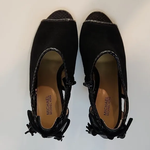 Michael Kors Open Toe Leather &amp; Suede Boot Heels Shoes SZ 8M EU 38.5M EUC NICE!
