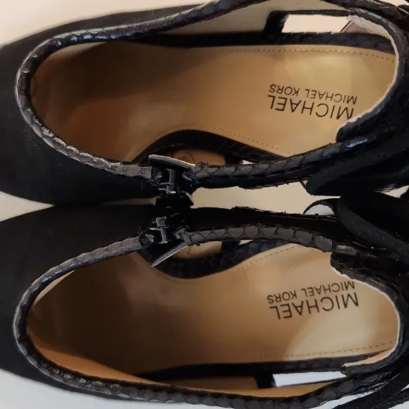 Michael Kors Open Toe Leather &amp; Suede Boot Heels Shoes SZ 8M EU 38.5M EUC NICE!