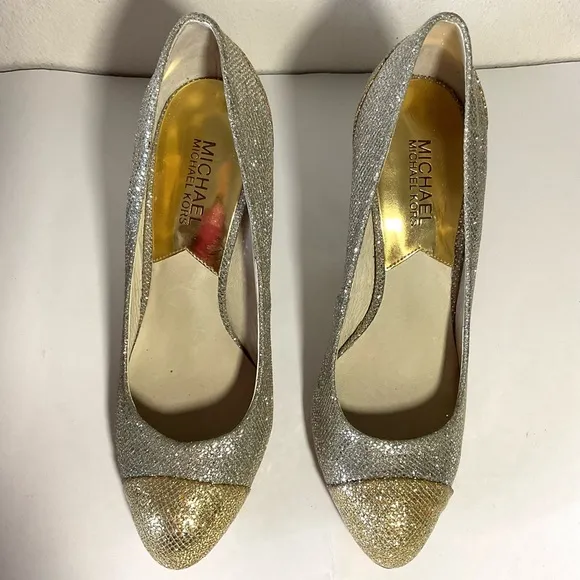 Michael Kors Sinclair‎ Gold Silver Pump Cap Toe - Size 8M Women's Shoes