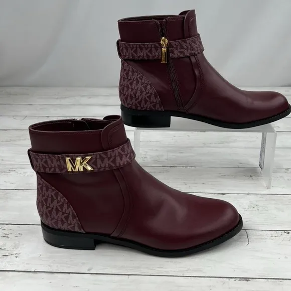 Michael Kors Women's Rory Burgundy logo  trim Ankle Boots size 10 Gold accents