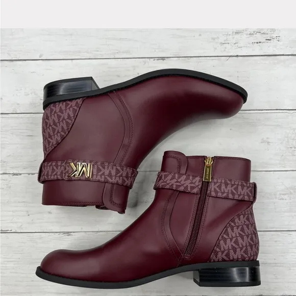 Michael Kors Women's Rory Burgundy logo  trim Ankle Boots size 10 Gold accents