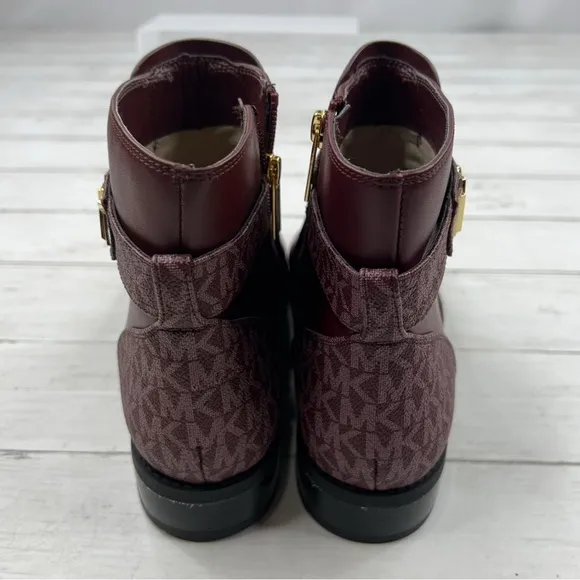 Michael Kors Women's Rory Burgundy logo  trim Ankle Boots size 10 Gold accents