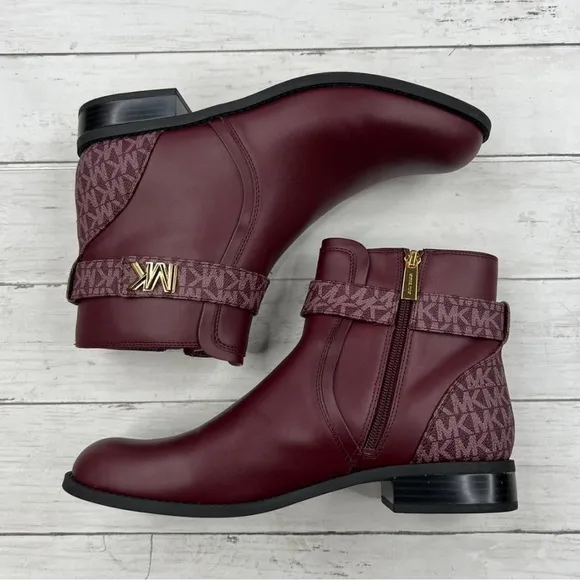 Michael Kors Women's Rory Burgundy logo  trim Ankle Boots size 10 Gold accents