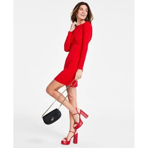 Michael Kors Women's Studded Long-Sleeve Bodycon Dress Crimson Red Size M
