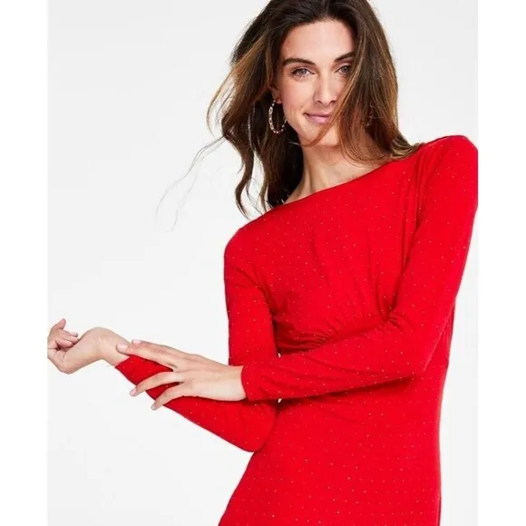 Michael Kors Women's Studded Long-Sleeve Bodycon Dress Crimson Red Size M