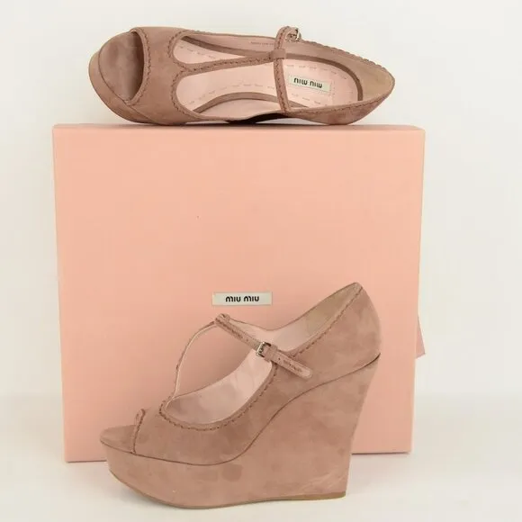 MIU MIU BY PRADA SHOES WEDGE LEATHER SUEDE OPEN TOE HIGH HEEL 40 10