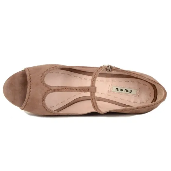MIU MIU BY PRADA SHOES WEDGE LEATHER SUEDE OPEN TOE HIGH HEEL 40 10