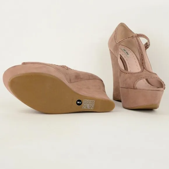MIU MIU BY PRADA SHOES WEDGE LEATHER SUEDE OPEN TOE HIGH HEEL 40 10