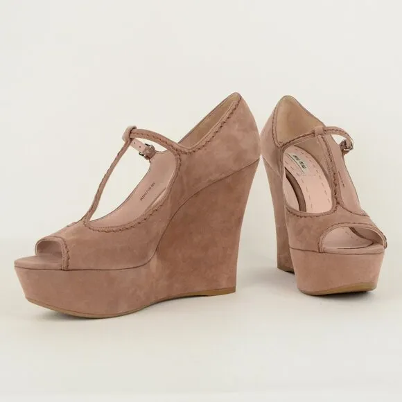 MIU MIU BY PRADA SHOES WEDGE LEATHER SUEDE OPEN TOE HIGH HEEL 40 10