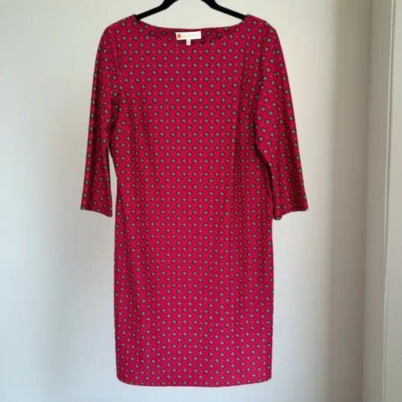 MSRP $210 Jude Connally Pink Shift Preppy Dress Womens Sz L Geometric 3/4 Sleeve