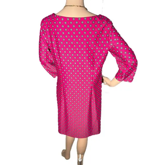 MSRP $210 Jude Connally Pink Shift Preppy Dress Womens Sz L Geometric 3/4 Sleeve