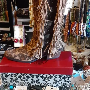naughty MONKEY LEOPARD LEATHER WESTERN STYLE BOOTS WITH BRONZE CONCH DETAILS