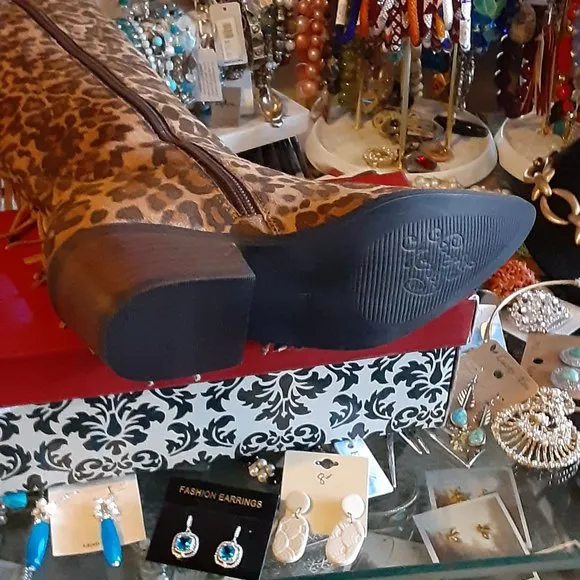 naughty MONKEY LEOPARD LEATHER WESTERN STYLE BOOTS WITH BRONZE CONCH DETAILS