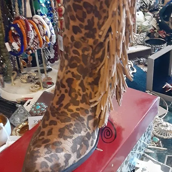 naughty MONKEY LEOPARD LEATHER WESTERN STYLE BOOTS WITH BRONZE CONCH DETAILS
