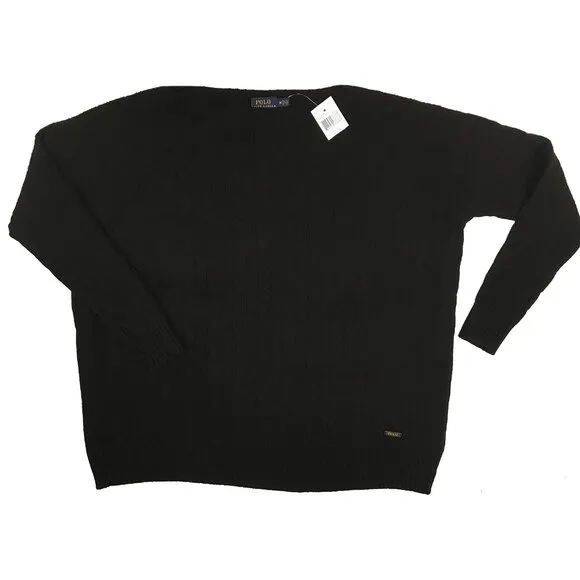NEW $165 Polo Ralph Lauren Cable Knit Sweater! Cashmere Black &amp; Wool  Boat Neck