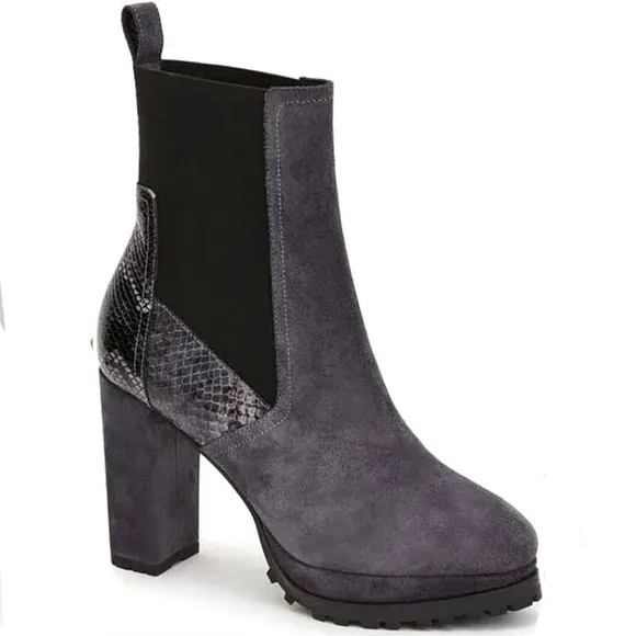 NEW All Saints Sahara Snakeskin Embossed Suede BLUE BLACK Heeled Boots