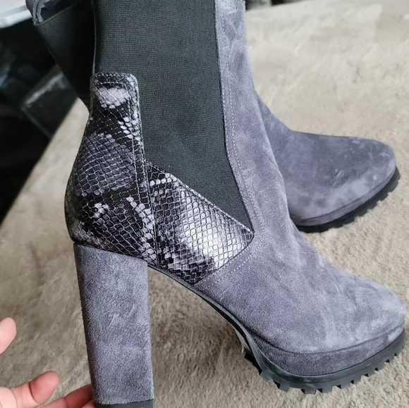 NEW All Saints Sahara Snakeskin Embossed Suede BLUE BLACK Heeled Boots