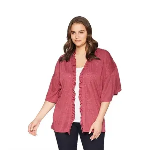 NEW Bobeau Burgundy Wine Red Marianne Ruffle Flare Short Sleeve Knit Cardigan