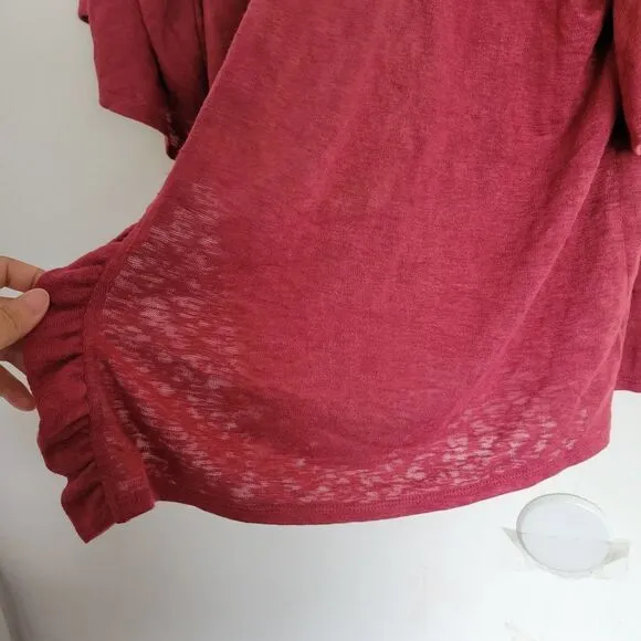 NEW Bobeau Burgundy Wine Red Marianne Ruffle Flare Short Sleeve Knit Cardigan