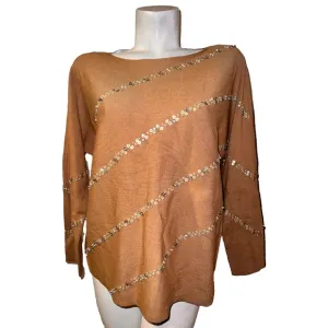 New CHICO'S Sweater Sz L (2) Camel Diagonal Beaded Embellished Pullover Knit Top
